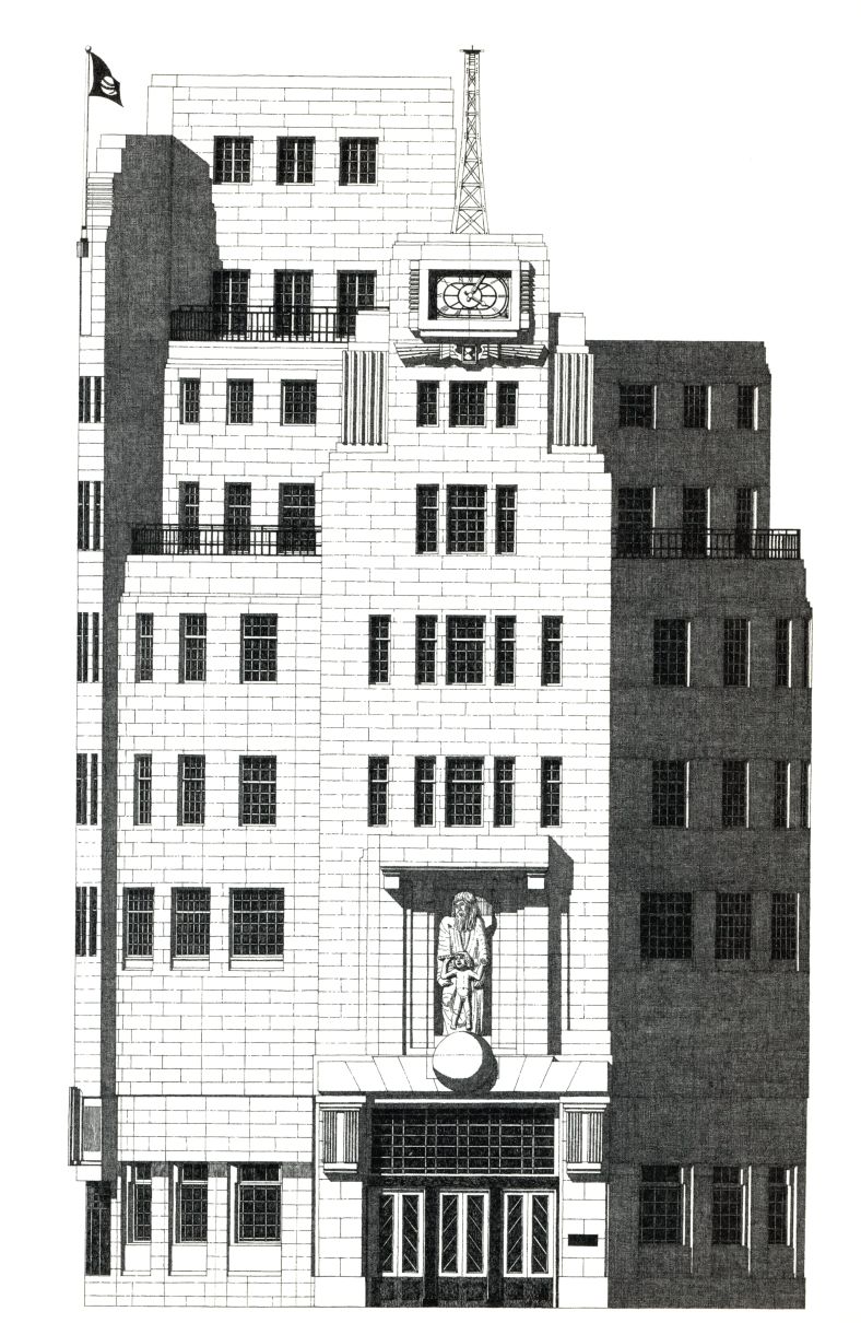 South Elevation of Broadcasting House, from the book "London Deco", by Thibaud Hérem[20]. Copyright © 2013 Nobrow Press